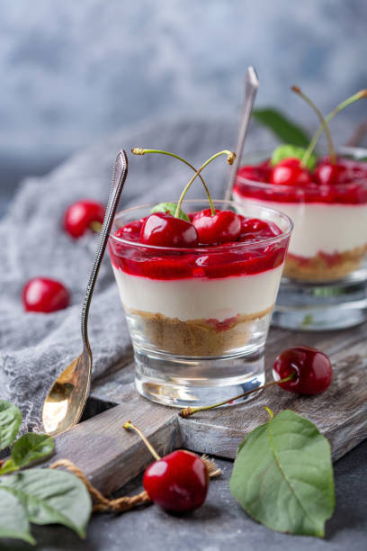 istock Light cheesecake with cherry jelly in a glass. 1162810696