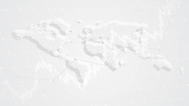 白黒の色の背景に株式市場の上昇トレンドラインと世界地図を持つ抽象的な金融グラフ - stock market white colors finance点のイラスト素材／クリップアート素材／マンガ素材／アイコン素材