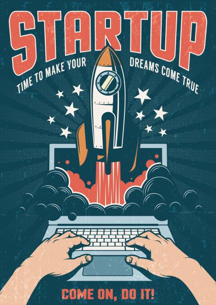 rocket taking off from laptop A rocket taking off from a laptop. Vintage retro poster with a dark background. Startup concept. Vector illustration. Worn texture on separate layer. fire technology weapon art stock illustrations