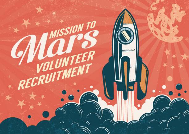 Mission to Mars - poster in retro vintage style Mission to Mars - poster in retro vintage style with rocket taking off. Worn texture on a separate layer. Missile stock illustrations