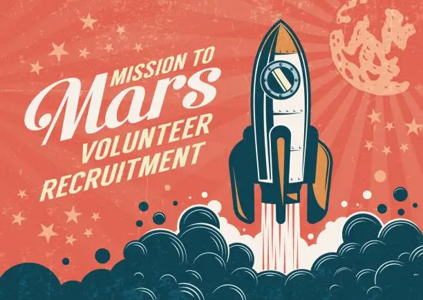 Vector illustration of Mission to Mars - poster in retro vintage style