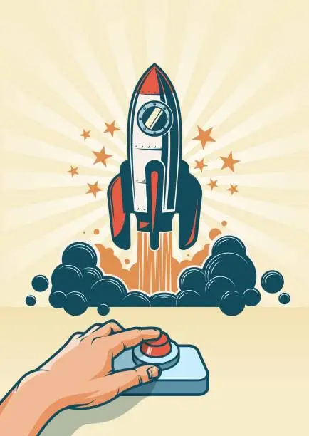 Vector illustration of The hand presses the button and the rocket starts
