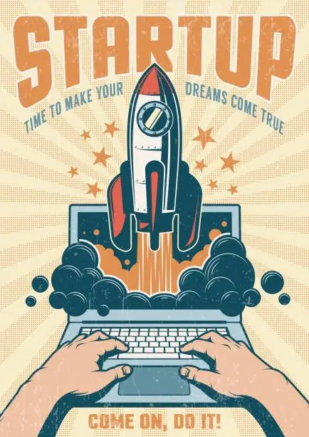 Vector illustration of Vintage startup poster with rocket taking off from an open laptop