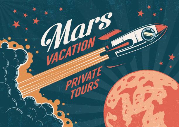 ilustraciones, imágenes clip art, dibujos animados e iconos de stock de cartel vintage - cohete vuela al planeta marte - mars