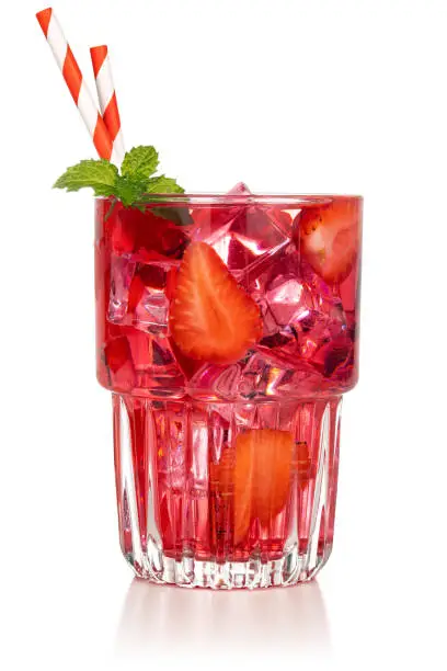 Photo of strawberry cocktail glass isolated on white background