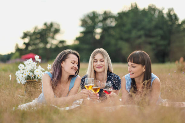 три молодые женщины в синих платьях, а шляпы лежат на пледе и пьют вино. пикник на открытом воздухе на траве на пляже. вкусная еда в корзине д� - glasses grass women lying on front стоковые фото и изображения
