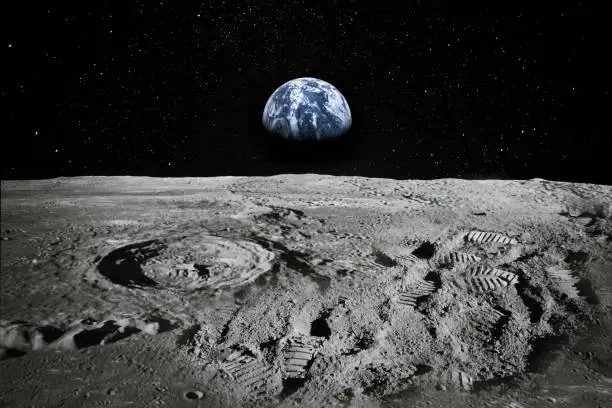 View of Moon limb with Earth rising on the horizon. Footprints as an evidence of people being there or great forgery. Collage. Elements of this image furnished by NASA.

/urls:
https://images-assets.nasa.gov/image/as11-44-6551/as11-44-6551~orig.jpg
https://images.nasa.gov/details-as11-44-6551.html
https://images.nasa.gov/details-as17-145-22285.html
https://images.nasa.gov/details-as11-40-5964.html
https://solarsystem.nasa.gov/resources/429/perseids-meteor-2016/