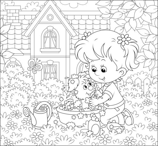 ilustrações de stock, clip art, desenhos animados e ícones de girl washing her puppy - dog bathtub washing puppy