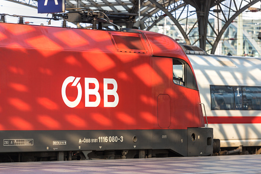 cologne, North Rhine-Westphalia/germany - 17 07 19: öbb austrian train locomotive in cologne germany