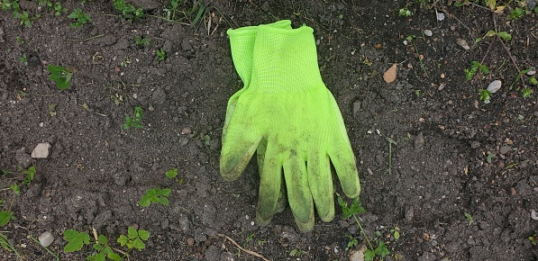 Gloves in the garden. Work gloves on the ground.
