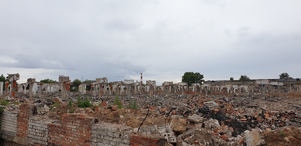 Destroyed building. Demolition of the building. Ruin. Collapsed building