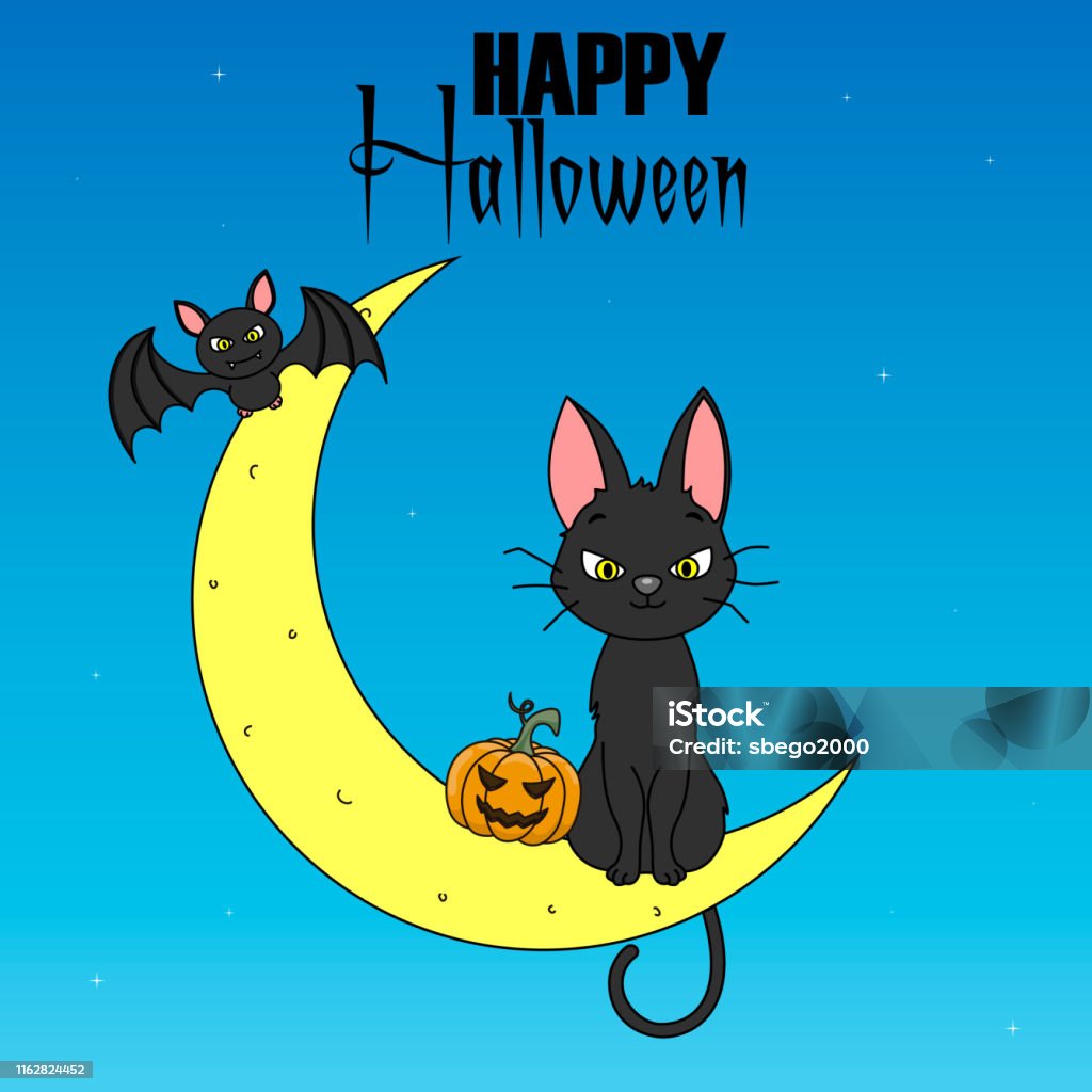 Phim Hoạt Hình Halloween Mèo Đen Ngồi Trên Mặt Trăng Hình minh họa ...