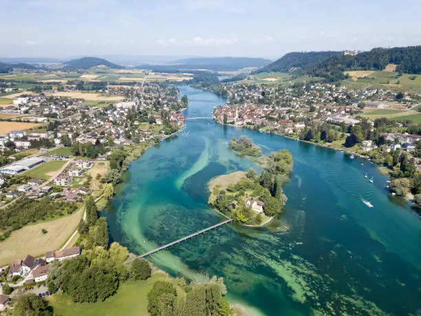 Aerial Drone photography of the beginning part of Rhine river at Lake Constance: Islet Werd, Stein am Rhein, Switzerland"n