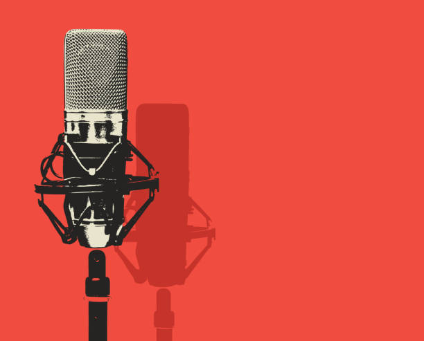 vector banner with microphone and place for text Vector banner with studio microphone on the red background in realistic style. Professional sound recording equipment. Suitable for banner, flyer, ad, poster, invitation to karaoke party radio stock illustrations