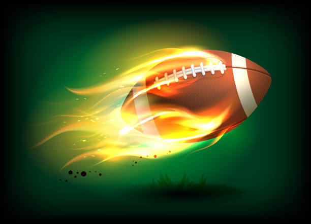 векторная иллюстрация старого классического кожаного регбийного мяча с кружевами и шитьем в огненном пламени - rugby ball sports league sport stock illustrations