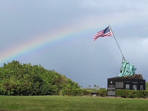 Marine Corps Air Station Kaneohe Bay entrance, Pacific WWII War Memorial and rainbow, O’ahu, Hawaii, February 2019