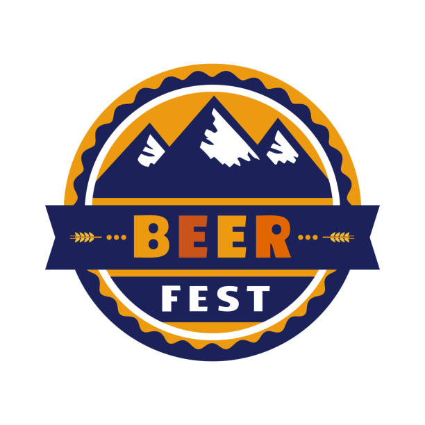 Beer fest hand drawn flat color vector round icon Beer fest hand drawn flat color vector icon. Beer festival, mountains silhouette fun sticker design element. Emblem isolated on white background. Brew Fest welcome flyer template cartoon illustration beer garden stock illustrations