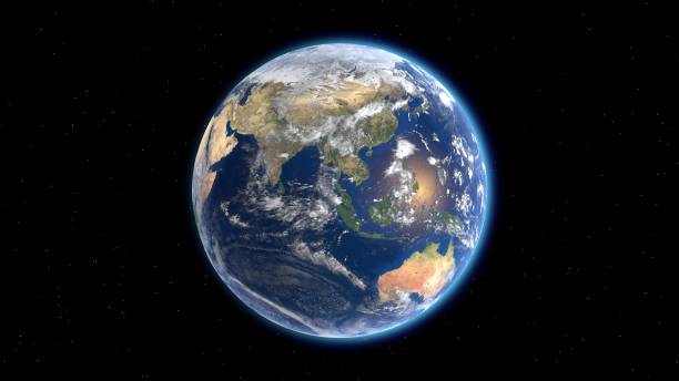 volando sobre la superficie de la tierra, eurasia y australia. renderizado 3d. - earth fotografías e imágenes de stock