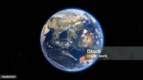 Volando Sobre La Superficie De La Tierra Eurasia Y Australia Renderizado 3d Foto de stock y más banco de imágenes de Globo terráqueo
