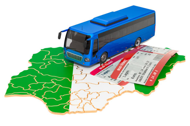 autobusová doprava v nigérii, koncept. 3d vykreslování izolované na bílém pozadí - kano - stock snímky, obrázky a fotky