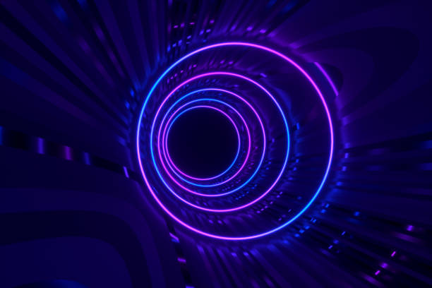 istock Round tunnel with reflective walls and neon circle illumination 3D Illustration 1162837020