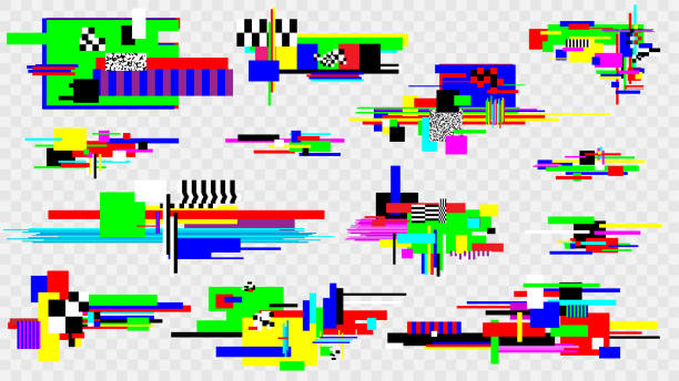 glitch-effektelemente gesetzt. pixel-rauschfehler-designelemente. beschädigter bildschirm. vektorvorlage. - störung stock-grafiken, -clipart, -cartoons und -symbole