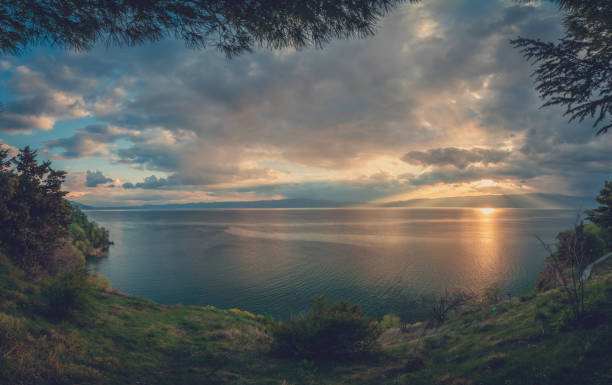 Panoramic view of a sunset over stunningly beautiful Lake Ohrid, Republic of Macedonia