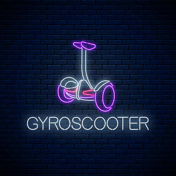 stockillustraties, clipart, cartoons en iconen met tweewielige gyro-scooter eco transport. gloeiende neon teken van elektrische gyroscooter. zelfbalancerende hoverboard-symbool - zelfbalancerend board