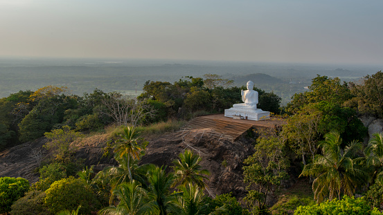 Rainforest with a white Buddha statue at the pilgrimage site of Mihintale.