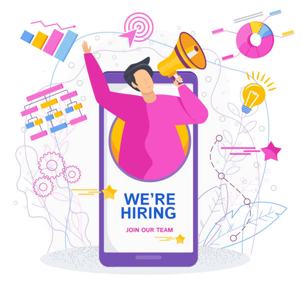 illustrazioni stock, clip art, cartoni animati e icone di tendenza di piccoli uomini con megafono annunciano un posto vacante. - help wanted sign classified ad vacancy recruitment