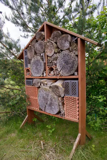 Insect hotel created from natural materials in garden