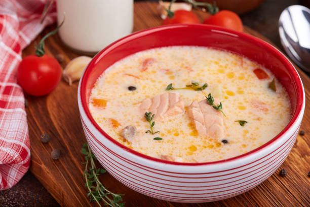 istock Soup with salmon fish, cream, potato and tomato 1162847509