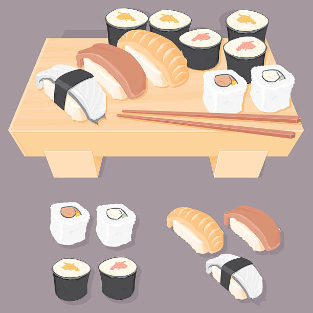 ilustraciones, imágenes clip art, dibujos animados e iconos de stock de selección de sushi - sashimi