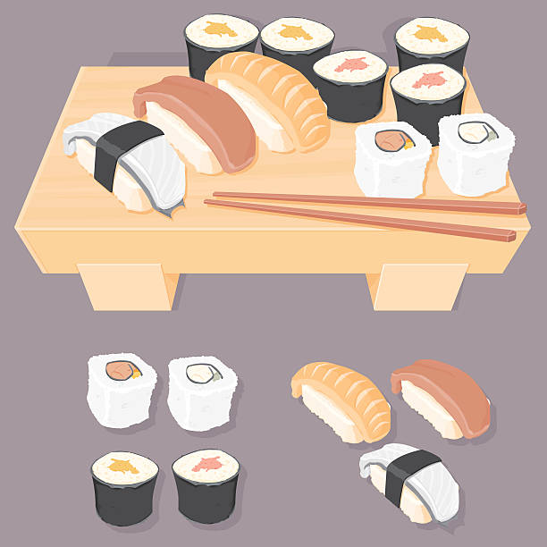 illustrazioni stock, clip art, cartoni animati e icone di tendenza di selezione di sushi - main course salmon meal course