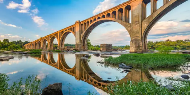 The Atlantic Coast Line train bridge in Richmond, Virginia casts a reflection on the James River below.