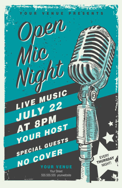 ilustrações de stock, clip art, desenhos animados e ícones de retro open mic night poster design template with vintage microphone - vintage music