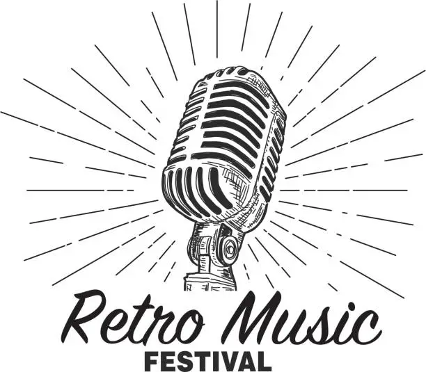 Vector illustration of Retro Music festival design template with vintage microphone