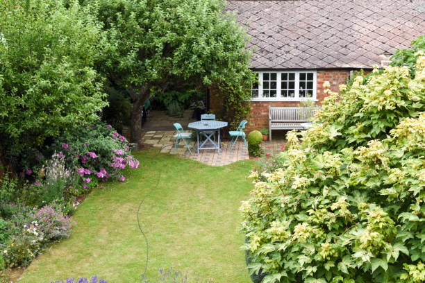 istock A well kept back yard or garden with lawn and seating area, high angle shot 1162862916