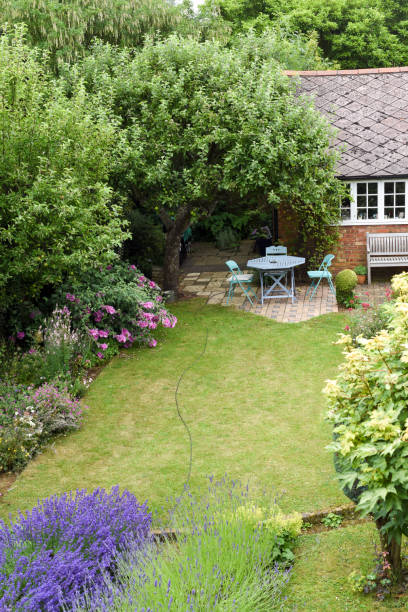 istock A well kept back yard or garden with lawn and seating area, high angle shot 1162862933