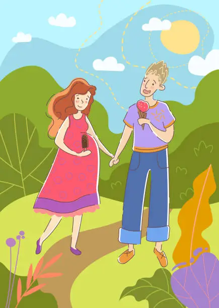 Vector illustration of Young couple with pregnant wife walking hand in hand in a park in summer enjoying ice creams as they await the birth of their unborn baby, colored cartoon vector illustration