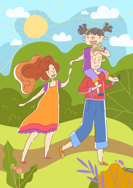 Happiness Concept Couple Enjoy A Day In A Park On A Hot Summer Day With The  Father Giving His Little Daughter A Piggyback Ride As The Mother Walks  Alongside Holding The Girls