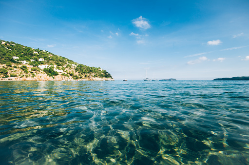 Cala de Saint Vincent' beach with turquoise water,Ibiza island, balearic Island.