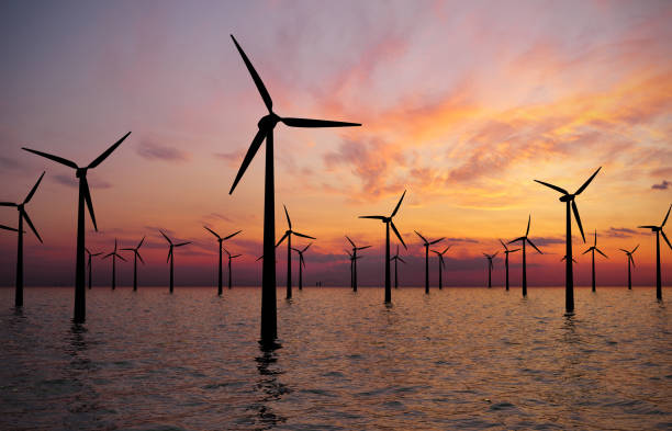 Wind Turbines Farm Offshore Wind Turbines Farm At sunset windmill stock pictures, royalty-free photos & images