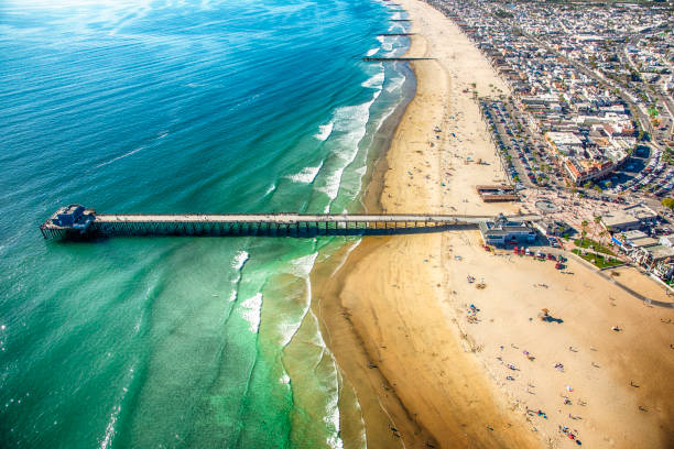 The northern Orange County California city of Newport Beach shot from an altitude of about 1500 feet over the Pacific Ocean.