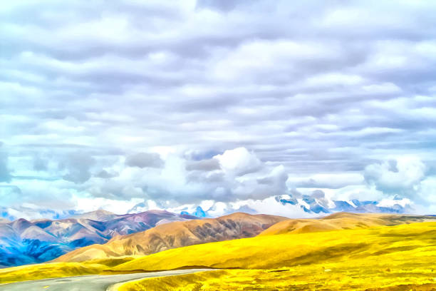 Watercolor mountain landscape. Digital painting - illustration. Mountain landscape. Alpine landscape in early spring. Himalayas Tibet