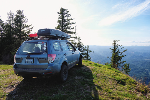 April 27, 2019 - Horton, Oregon, USA: A Subaru Forester modified for offroad use overlooking the Oregon Coast Range from atop Prairie Peak