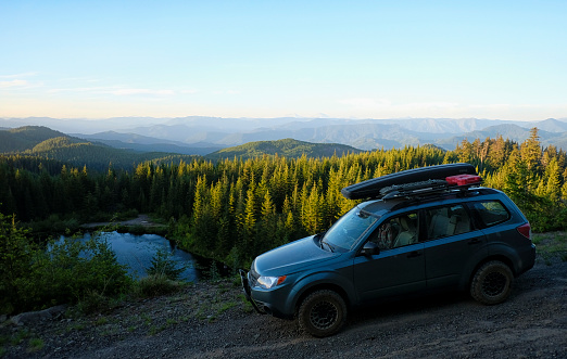 June 22, 2019 - Westfir, Oregon, USA: A Subaru Forester modified for offroad use on a National Forest road in western Oregon
