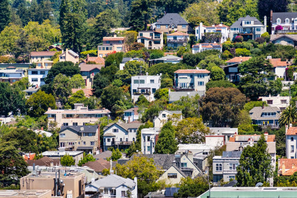 Aerial view of residential neighborhood built on a hill, Berkeley, San Francisco bay, California; Aerial view of residential neighborhood built on a hill, Berkeley, San Francisco bay, California; berkeley california stock pictures, royalty-free photos & images