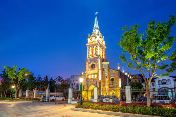 istock Medieval church night view 1162891031