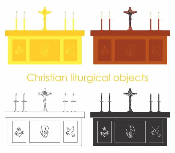 Vector illustration of Christian liturgical objects. Gold and wood. Black fill. Outline only.